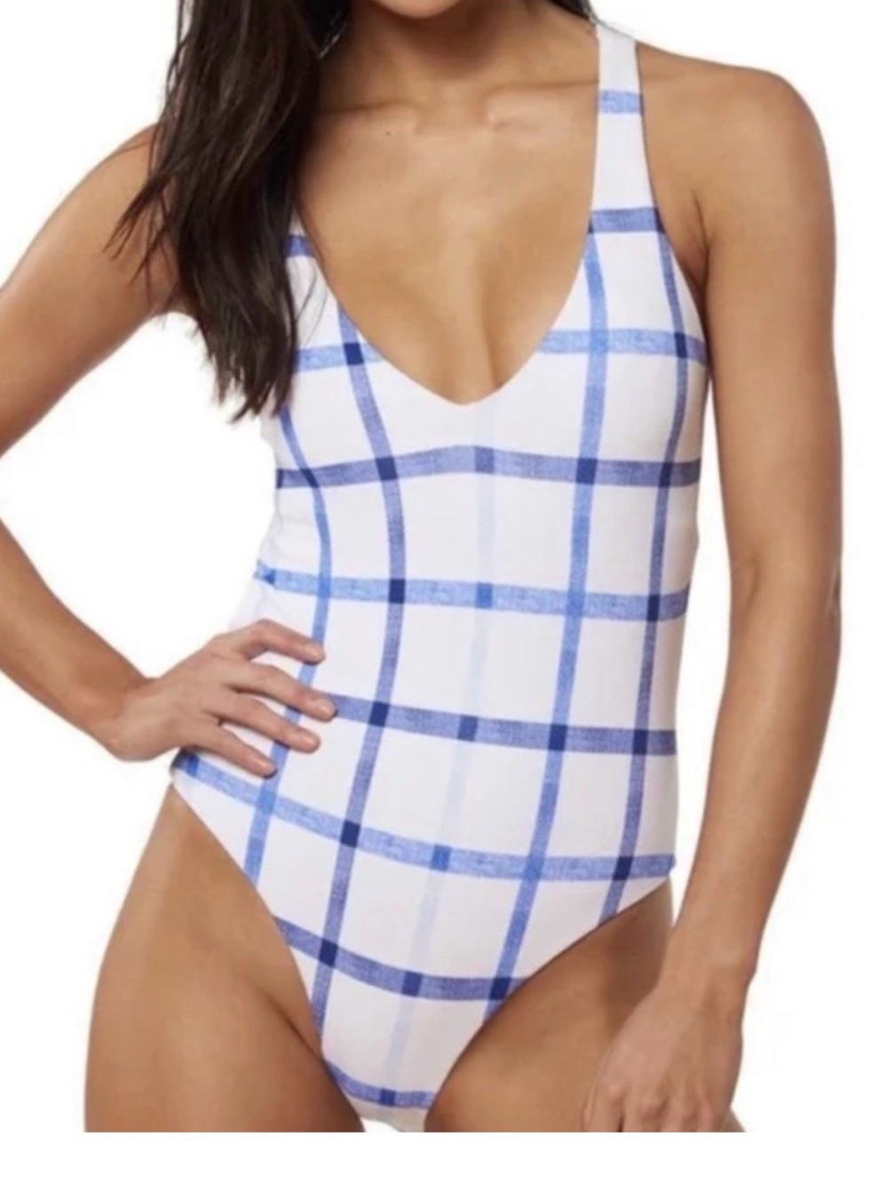 Red Carter White and Blue Windowpane One-Piece Swimsuit